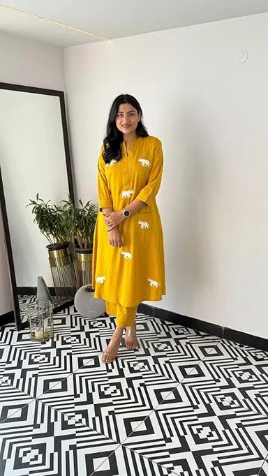 Yellow Cotton Printed Straight Kurti with Pant and  Dupatta Set for Women|Summer Ethnic Wear| L Size thumbnail 6