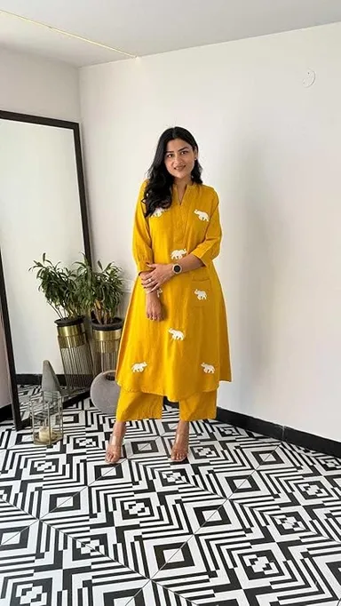 Yellow Cotton Printed Straight Kurti with Pant and  Dupatta Set for Women| Summer Ethnic Wear |XL Size thumbnail 3