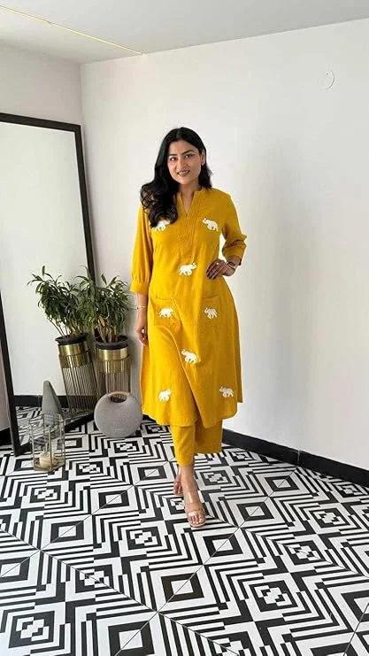 Yellow Cotton Printed Straight Kurti with Pant and Dupatta Set for Women| Summer Ethnic Wear |XL Size image 5
