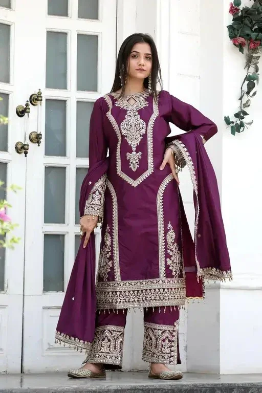 Womens Baazar Plum Royale Embroidered Chinon Suit Set | Wedding, Reception & Festival Wear with Lace Dupatta | Fully Stitched image 1