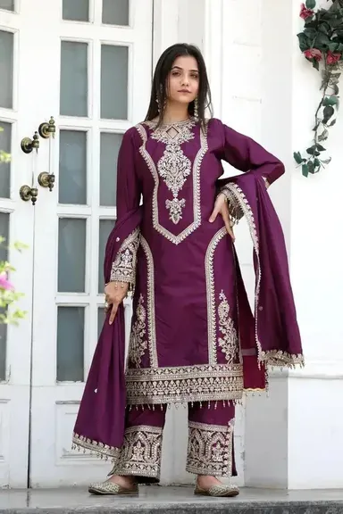 Womens Baazar Plum Royale Embroidered Chinon Suit Set | Wedding, Reception & Festival Wear with Lace Dupatta | Fully Stitched thumbnail 0