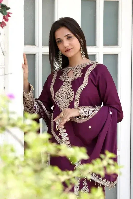 Womens Baazar Plum Royale Embroidered Chinon Suit Set | Wedding, Reception & Festival Wear with Lace Dupatta | Fully Stitched image 2