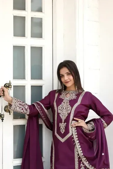 Womens Baazar Plum Royale Embroidered Chinon Suit Set | Wedding, Reception & Festival Wear with Lace Dupatta | Fully Stitched thumbnail 3