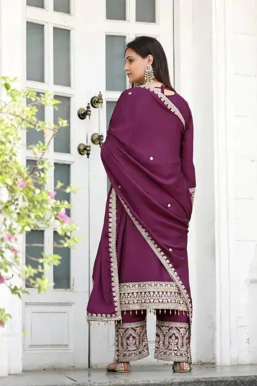 Womens Baazar Plum Royale Embroidered Chinon Suit Set | Wedding, Reception & Festival Wear with Lace Dupatta | Fully Stitched image 3