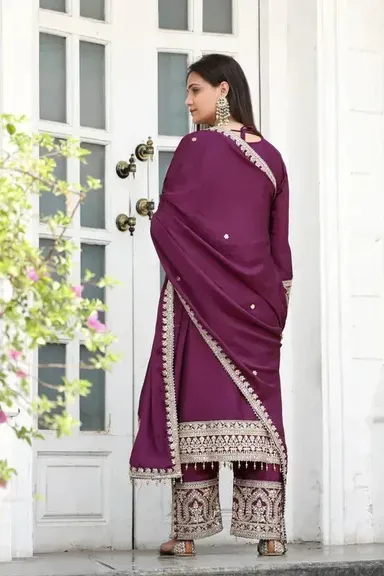 Womens Baazar Plum Royale Embroidered Chinon Suit Set | Wedding, Reception & Festival Wear with Lace Dupatta | Fully Stitched thumbnail 2