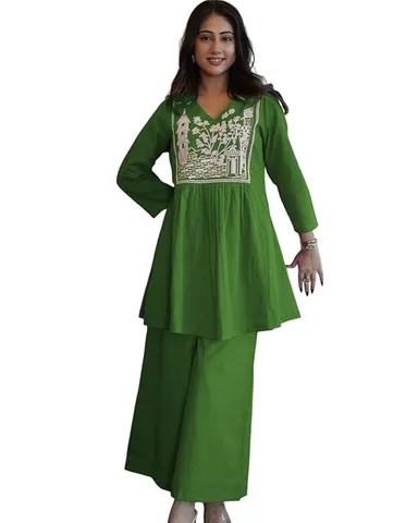 Women’s Cotton Embroidered Short Anarkali Kurti Set with Pant  L | Green | Daily & Office Wear | Comfortable Summer Ethnic Outfit thumbnail 0