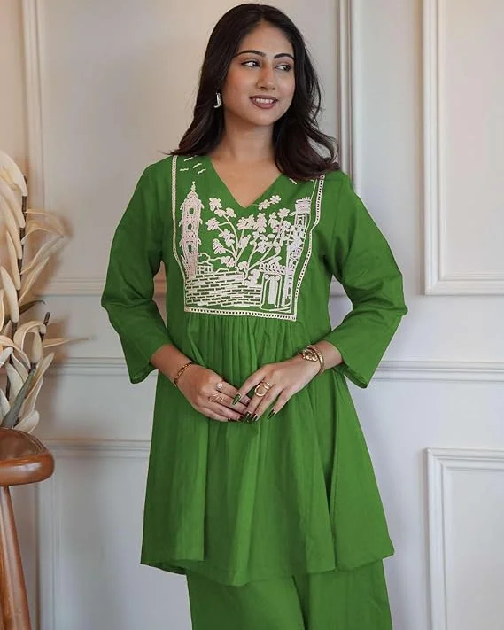 Women’s Cotton Embroidered Short Anarkali Kurti Set with Pant  L | Green | Daily & Office Wear | Comfortable Summer Ethnic Outfit image 2