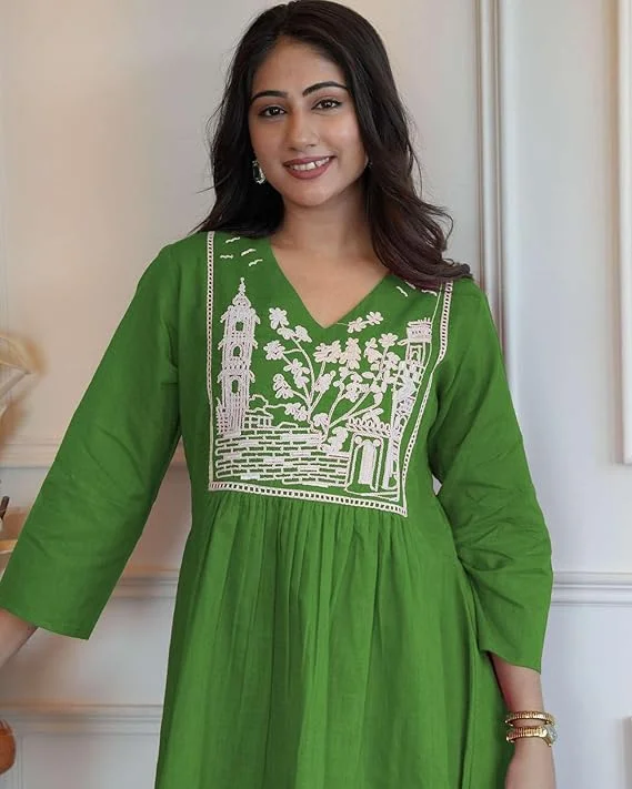 Women’s Cotton Embroidered Short Anarkali Kurti Set with Pant  L | Green | Daily & Office Wear | Comfortable Summer Ethnic Outfit image 3