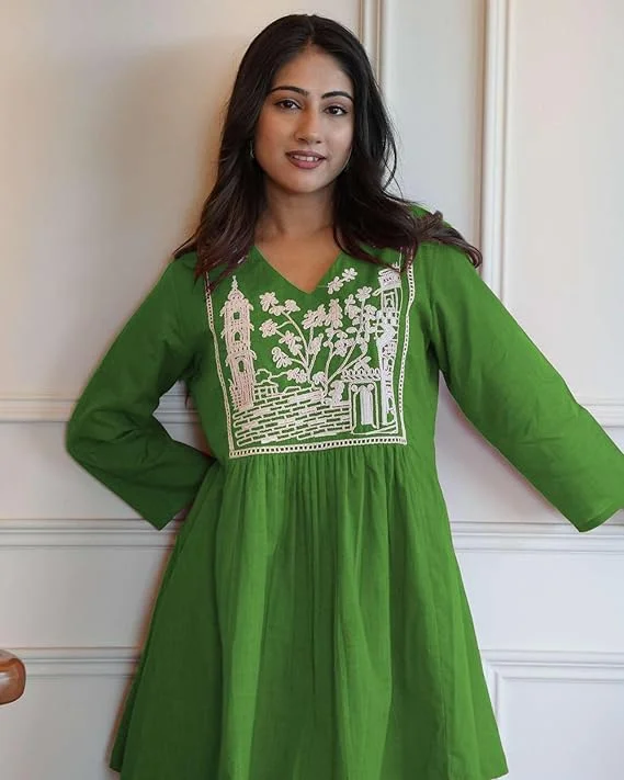 Women’s Cotton Embroidered Short Anarkali Kurti Set with Pant  L | Green | Daily & Office Wear | Comfortable Summer Ethnic Outfit image 4