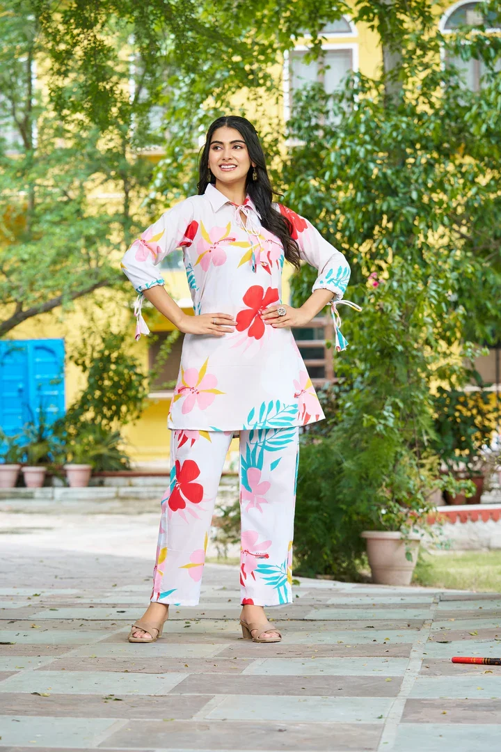 Floral Fiesta Breathable Casual Co-Ord Set for Women Large Size | Modern Floral Print Two-Piece Summer Outfit with Comfortable Top & Matching Bottom for Daily Wear image 3