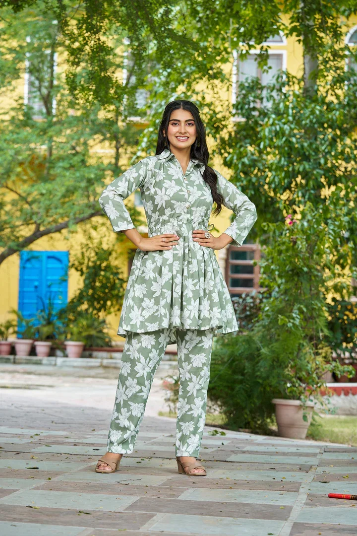 Pastel Floral Fit & Flare Co‑Ord Set | Women’s Summer Casual Outfit | Buttoned Top & Flared Skirt | Lightweight Breathable Summer Wear | Size S image 1
