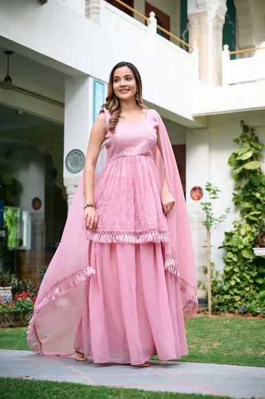 Embroidered Anarkali Kurta Set for Women Wedding Party Festive Wear Designer Dupatta  Palazzo or Churidar Bottom Premium Georgette Fabric  Traditional Indian Ethnic Dress  Bridal & Reception Outfit thumbnail 1