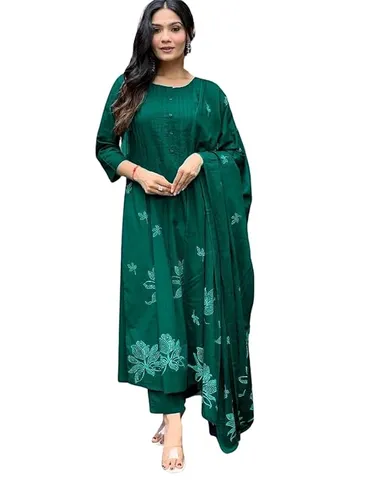 Women Ethnic Wear Kurta Set | Cotton Embroidery Floral XXL Green | Printed Long Straight Kurti with Pant & Dupatta Set  thumbnail 0