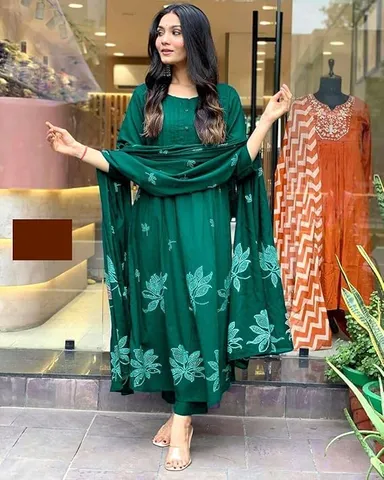 Women Ethnic Wear Kurta Set | Cotton Embroidery Floral XXL Green | Printed Long Straight Kurti with Pant & Dupatta Set  thumbnail 1