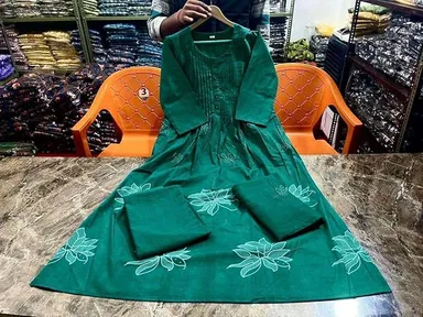 Women Ethnic Wear Kurta Set | Cotton Embroidery Floral XXL Green | Printed Long Straight Kurti with Pant & Dupatta Set  thumbnail 2