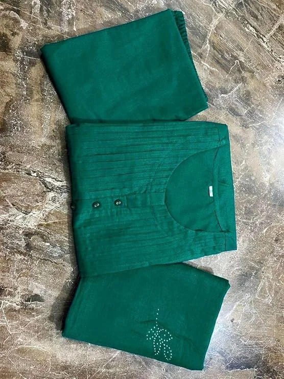 Women Ethnic Wear Kurta Set | Cotton Embroidery Floral XXL Green | Printed Long Straight Kurti with Pant & Dupatta Set  image 4