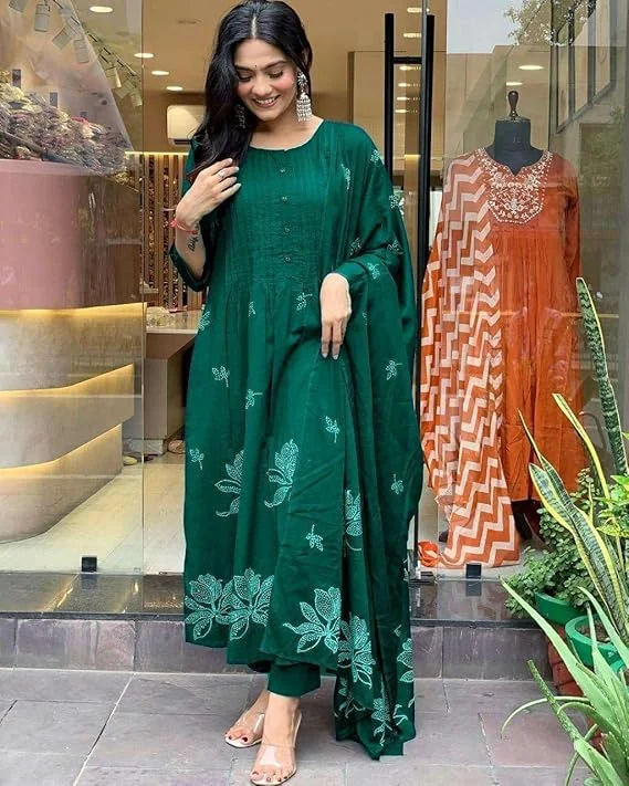 Women Ethnic Wear Kurta Set | Cotton Embroidery Floral XXL Green | Printed Long Straight Kurti with Pant & Dupatta Set  image 5