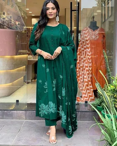 Women Ethnic Wear Kurta Set | Cotton Embroidery Floral XXL Green | Printed Long Straight Kurti with Pant & Dupatta Set  thumbnail 5