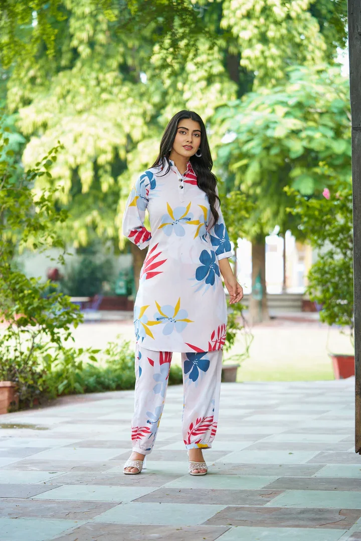 White Floral Co-Ord Set | Collar Neck Two|Piece | Summer Casual Wear Large |Pastel Women’s Outfit image 2