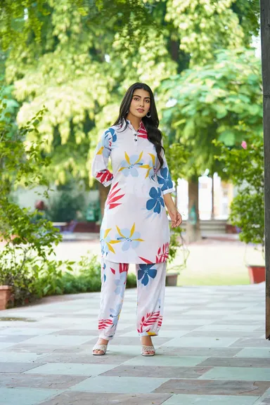 White Floral Co-Ord Set | Collar Neck Two|Piece | Summer Casual Wear Large |Pastel Women’s Outfit thumbnail 1
