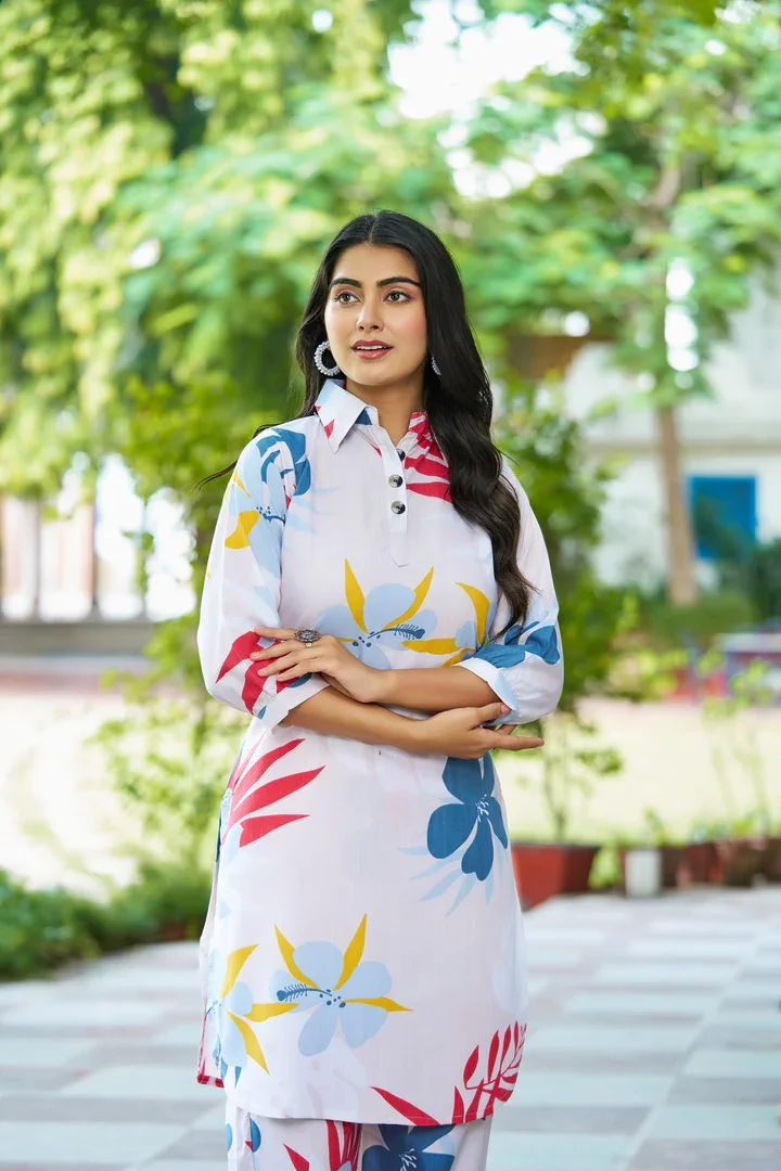 White Floral Co-Ord Set | Collar Neck Two|Piece | Summer Casual Wear Large |Pastel Women’s Outfit image 4