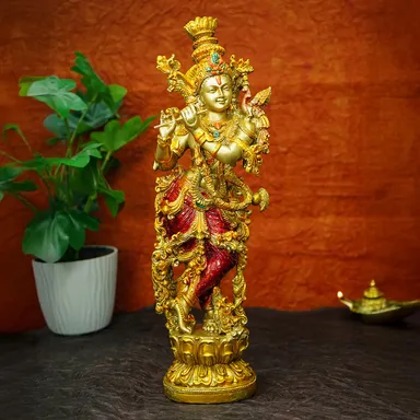 Ekhasa Marble Dust Lord Krishna Idol with Flute |14 inch | Big Size | Decorative Showpiece thumbnail 1