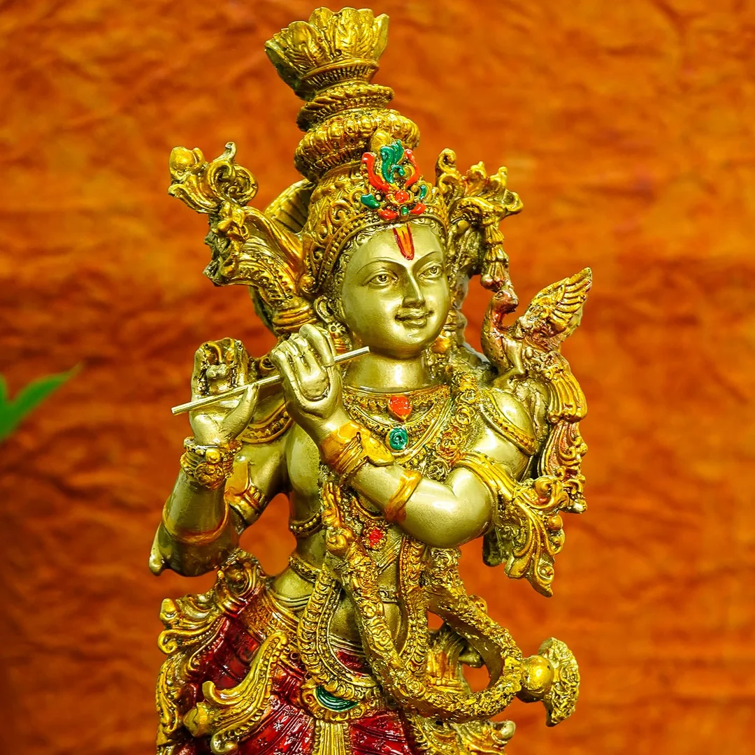 Ekhasa Marble Dust Lord Krishna Idol with Flute |14 inch | Big Size | Decorative Showpiece image 1