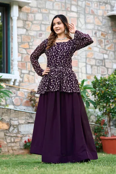 Fox Georgette Lehenga Choli with Antique Sequin Embroidery Purple Fully Stitched Party Wedding Reception Wear for Women Size L Designer Ethnic Outfit thumbnail 0