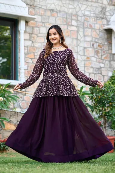 Fox Georgette Lehenga Choli with Antique Sequin Embroidery Purple Fully Stitched Party Wedding Reception Wear for Women Size L Designer Ethnic Outfit thumbnail 1