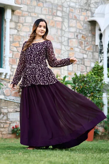 Fox Georgette Lehenga Choli with Antique Sequin Embroidery Purple Fully Stitched Party Wedding Reception Wear for Women Size L Designer Ethnic Outfit thumbnail 2