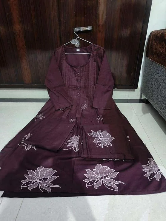 Cotton Embroidery Floral Kurti Set with Pant & Dupatta | Purple Ethnic Party Wear Kurti Pant Dupatta Set for Women M Size  image 3