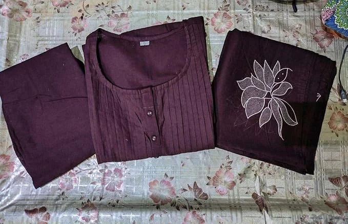 Cotton Embroidery Floral Kurti Set with Pant & Dupatta | Purple Ethnic Party Wear Kurti Pant Dupatta Set for Women M Size  image 6