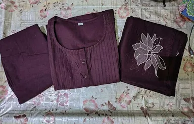 Cotton Embroidery Floral Kurti Set with Pant & Dupatta | Purple Ethnic Party Wear Kurti Pant Dupatta Set for Women M Size  thumbnail 5