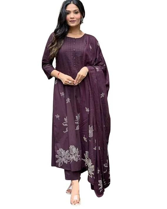Cotton Floral Embroidered Straight Kurti Set with Pant & Dupatta | Purple Ethnic Wear Kurti Pant Dupatta Set for Women L Size image 1