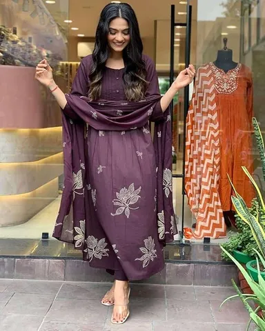 Cotton Floral Embroidered Straight Kurti Set with Pant & Dupatta | Purple Ethnic Wear Kurti Pant Dupatta Set for Women L Size thumbnail 3