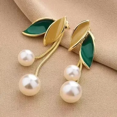 Korean Leaf and Pearl Hanging Earrings for Girls | Trendy & Elegant Jewelry for Teens & Women | Lightweight & Stylish Available in White & Gold thumbnail 1