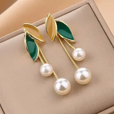 Korean Leaf and Pearl Hanging Earrings for Girls | Trendy & Elegant Jewelry for Teens & Women | Lightweight & Stylish Available in White & Gold thumbnail 2