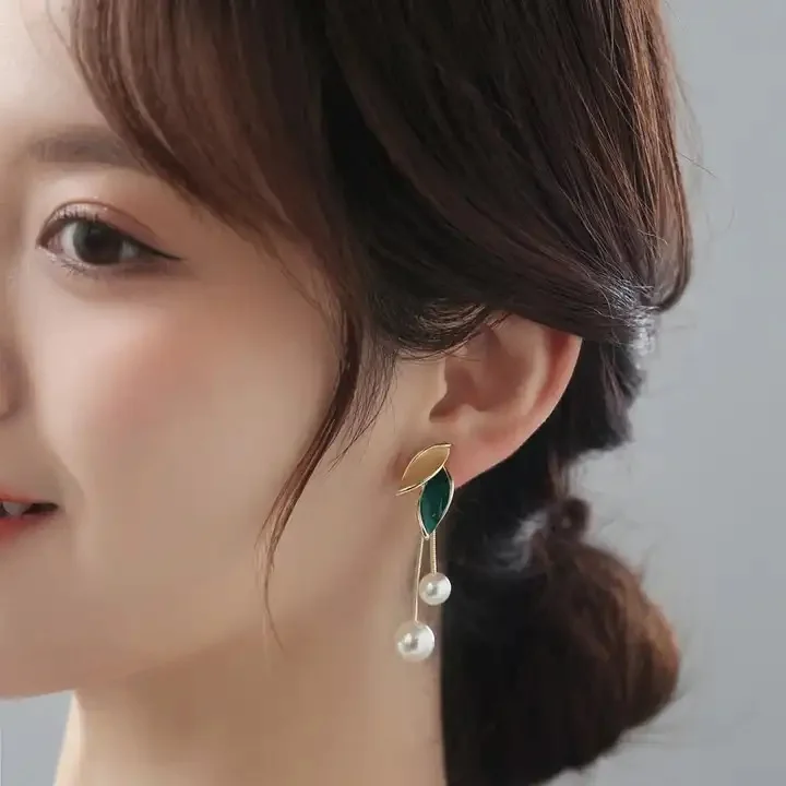 Korean Leaf and Pearl Hanging Earrings for Girls | Trendy & Elegant Jewelry for Teens & Women | Lightweight & Stylish Available in White & Gold image 1