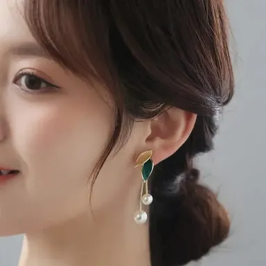 Korean Leaf and Pearl Hanging Earrings for Girls | Trendy & Elegant Jewelry for Teens & Women | Lightweight & Stylish Available in White & Gold thumbnail 0