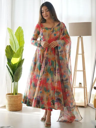 Elegant red tabby organza Anarkali kurta set featuring full flair and authentic Lucknowi embroidered belt, perfect for festive and party wear occasions. thumbnail 0