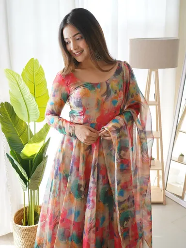 Elegant red tabby organza Anarkali kurta set featuring full flair and authentic Lucknowi embroidered belt, perfect for festive and party wear occasions. thumbnail 2