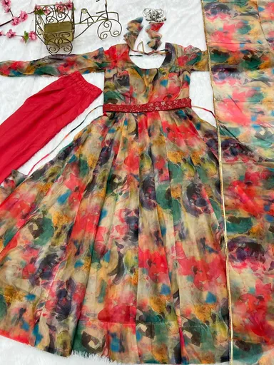 Red Organza Anarkali Kurta Set with Lucknowi Embroidered Belt | 4 m Flair | Women’s Festive Wear |Size XL thumbnail 3