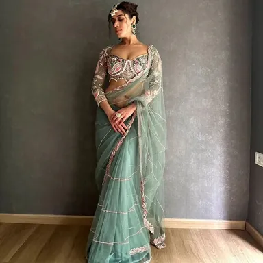 Embroidered Saree for Women Elegant Green Saree with Pearl and Net Detailing Designer Wedding & Party Wear  Free Size Premium Fabric Festive Collection thumbnail 0