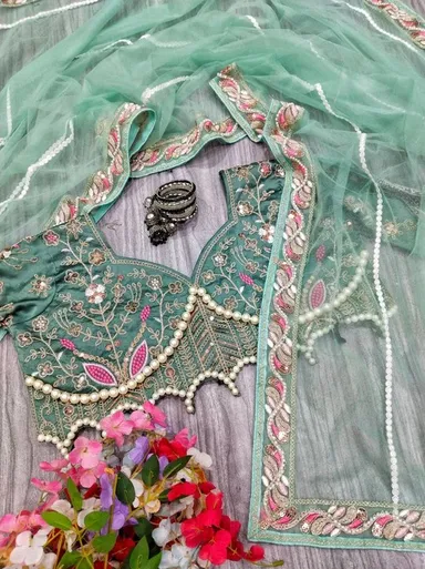 Embroidered Saree for Women Elegant Green Saree with Pearl and Net Detailing Designer Wedding & Party Wear  Free Size Premium Fabric Festive Collection thumbnail 1