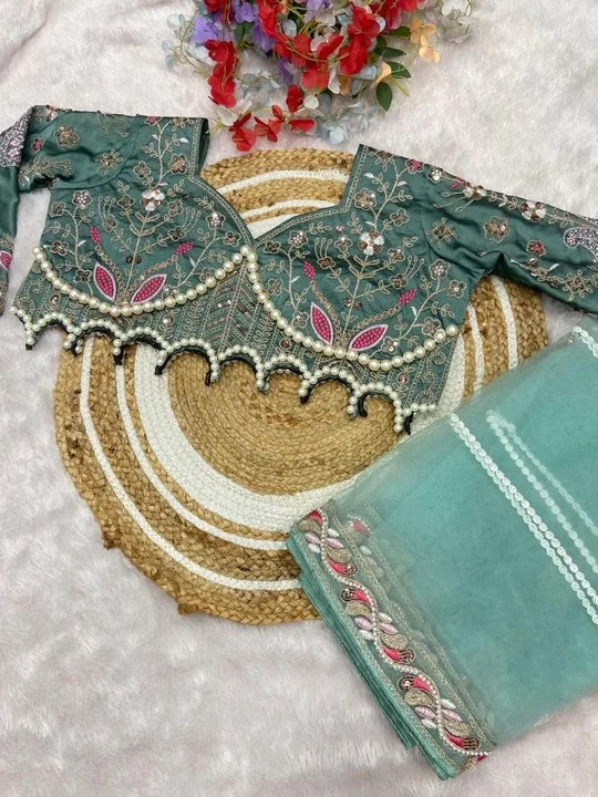 Embroidered Saree for Women Elegant Green Saree with Pearl and Net Detailing Designer Wedding & Party Wear  Free Size Premium Fabric Festive Collection image 5