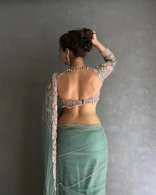 Embroidered Saree for Women Elegant Green Saree with Pearl and Net Detailing Designer Wedding & Party Wear  Free Size Premium Fabric Festive Collection image 3