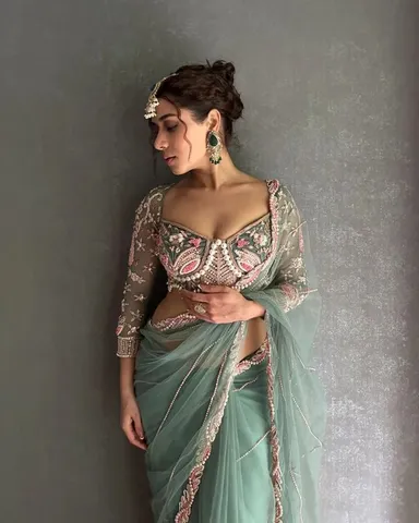 Embroidered Saree for Women Elegant Green Saree with Pearl and Net Detailing Designer Wedding & Party Wear  Free Size Premium Fabric Festive Collection thumbnail 3