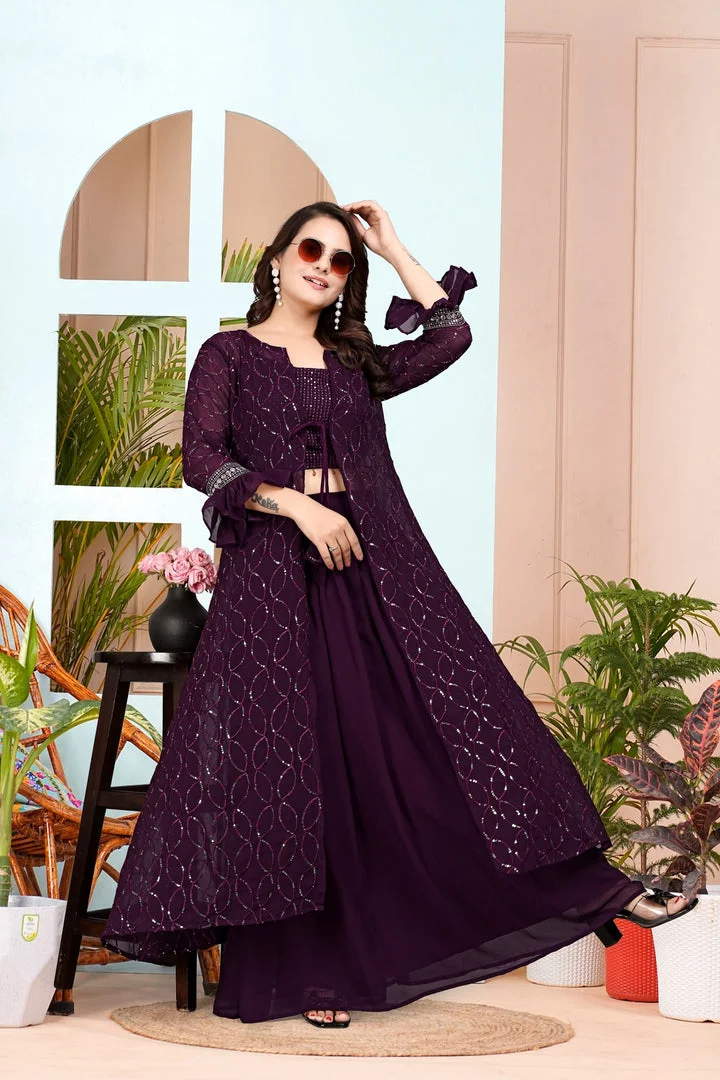 Fox Georgette Embroidered Layered Lehenga Set | Purple Bridal & Reception Wear Outfit for Women | Size XL image 1