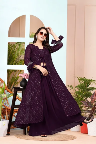Premium Purple Fox Georgette Embroidered Layered Bridal Reception Lehenga Set with Dupatta for Indian Wedding Party Wear Size XXL thumbnail 0