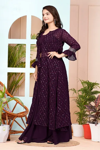 Premium Purple Fox Georgette Embroidered Layered Bridal Reception Lehenga Set with Dupatta for Indian Wedding Party Wear Size XXL thumbnail 1